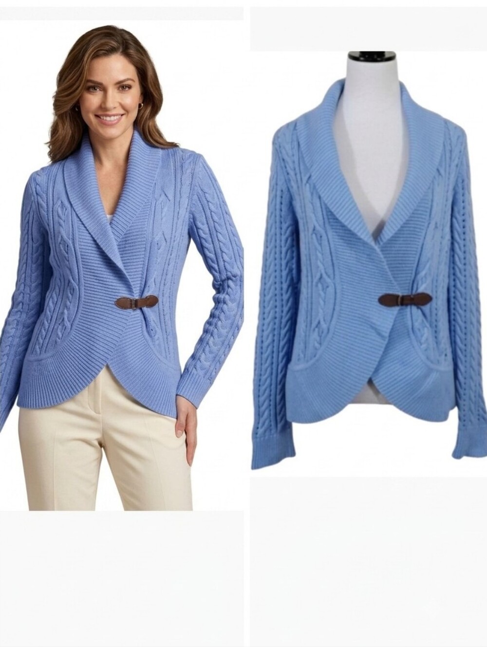 Talbots blue chunky lambswool sweater w/ Leather Buckle Women's size medium